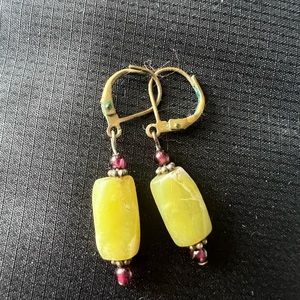*Spring lime green semiprecious stone purple beaded brass lever-back earrings!